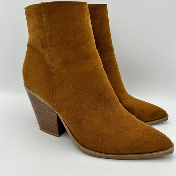 Bamboo Upstream Tan Suede Ankle Boots With Block Heel Western Size 10 Zippers - Picture 3 of 11